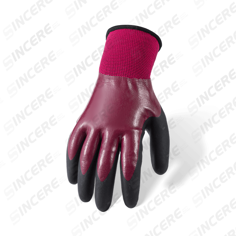 13 Gauge Polyester, doppelt beschichtet, wasserdichte Thermohandschuhe — Lila Nitril, Volltauchgang mit schwarzer Mikroschaum-Handfläche, 10G Fleece-Futter