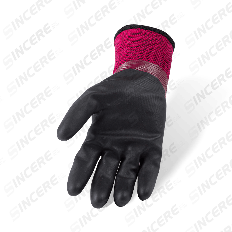 13 Gauge Polyester, doppelt beschichtet, wasserdichte Thermohandschuhe — Lila Nitril, Volltauchgang mit schwarzer Mikroschaum-Handfläche, 10G Fleece-Futter