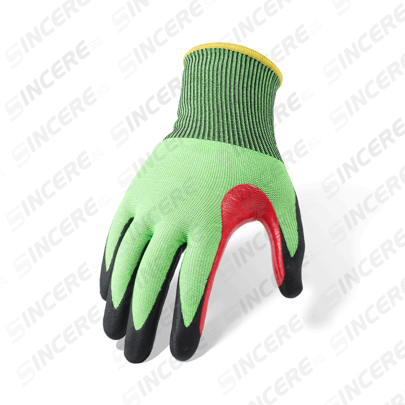 Schnittfeste Handschuhe der Stärke 18 ANSI A6 mit schwarzer Handfläche aus Nitril-Mikroschaum und verstärktem Daumen-Schritt