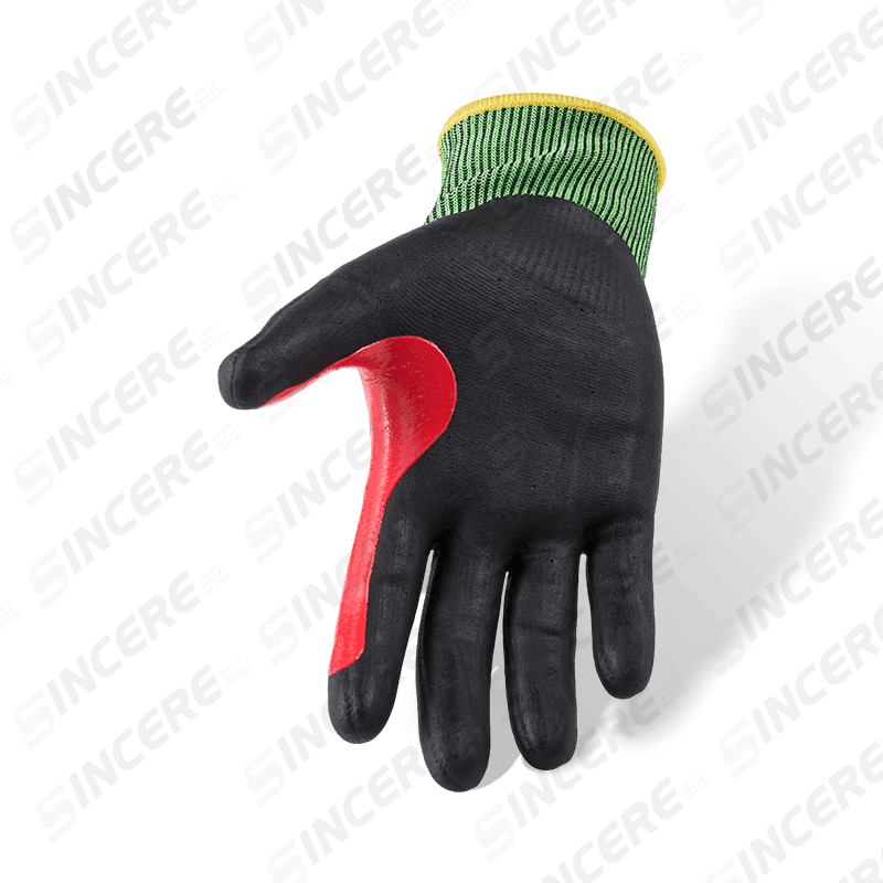 Schnittfeste Handschuhe der Stärke 18 ANSI A6 mit schwarzer Handfläche aus Nitril-Mikroschaum und verstärktem Daumen-Schritt Schnittfeste Handschuhe der Stärke 18 ANSI A6 mit schwarzer Handfläche aus Nitril-Mikroschaum und verstärktem Daumen-Schritt