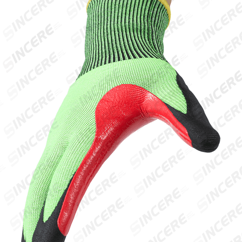 Schnittfeste Handschuhe der Stärke 18 ANSI A6 mit schwarzer Handfläche aus Nitril-Mikroschaum und verstärktem Daumen-Schritt Schnittfeste Handschuhe der Stärke 18 ANSI A6 mit schwarzer Handfläche aus Nitril-Mikroschaum und verstärktem Daumen-Schritt