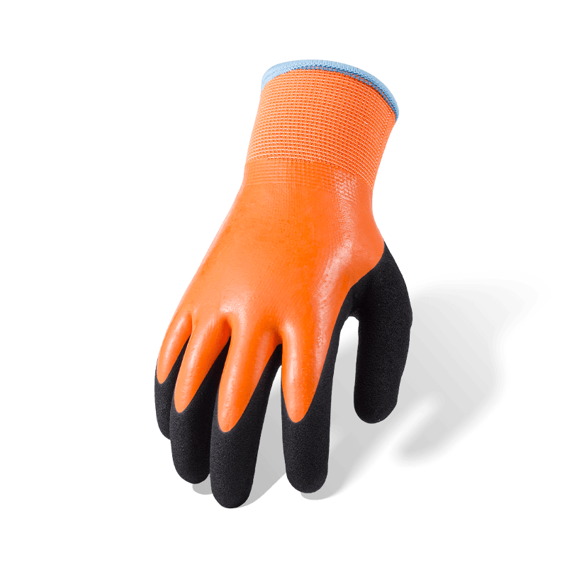 Vollständig beschichtete orangefarbene Latexhandschuhe aus Polyester der Stärke 13 mit schwarzer Sandy-Daumenverstärkung und thermischem Fleece-Futter Vollständig beschichtete orangefarbene Latexhandschuhe aus Polyester der Stärke 13 mit schwarzer Sandy-Daumenverstärkung und thermischem Fleece-Futter