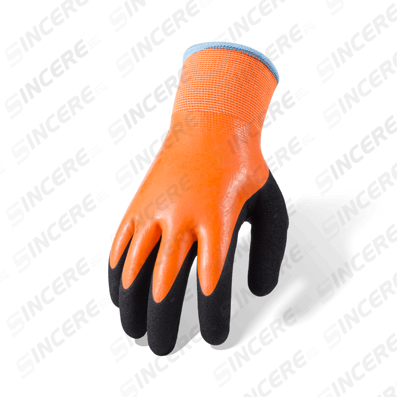 Vollständig beschichtete orangefarbene Latexhandschuhe aus Polyester der Stärke 13 mit schwarzer Sandy-Daumenverstärkung und thermischem Fleece-Futter