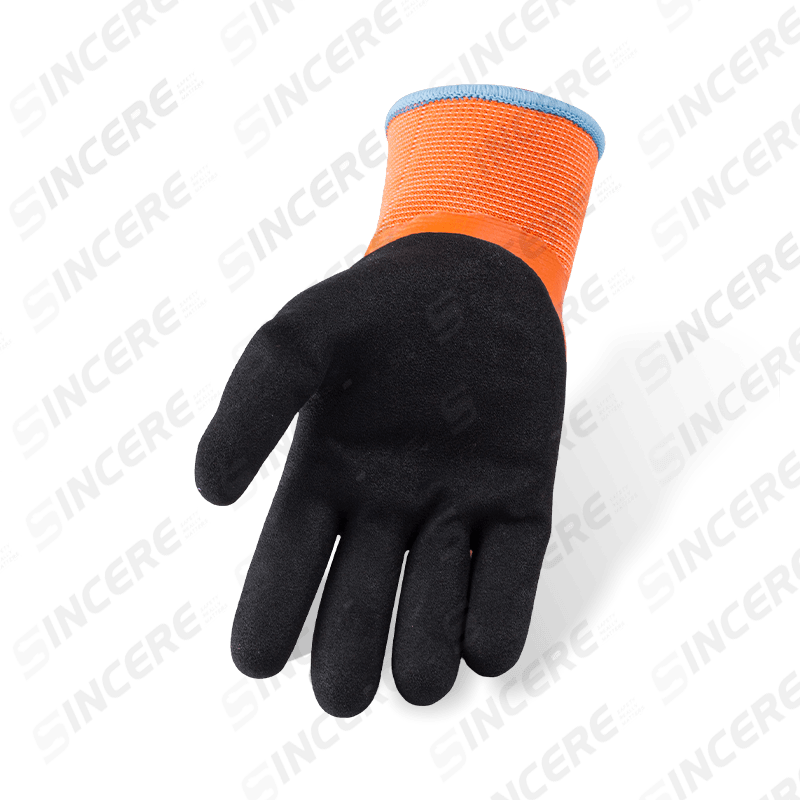 Vollständig beschichtete orangefarbene Latexhandschuhe aus Polyester der Stärke 13 mit schwarzer Sandy-Daumenverstärkung und thermischem Fleece-Futter Vollständig beschichtete orangefarbene Latexhandschuhe aus Polyester der Stärke 13 mit schwarzer Sandy-Daumenverstärkung und thermischem Fleece-Futter