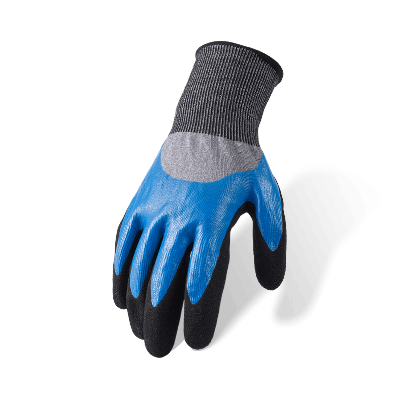 Schnittfeste Handschuhe der Stärke 18 ANSI A6 — Blaues Nitril, glatt, 3/4-Tauchgang, mit schwarzer Sandpalmen-Überzug Schnittfeste Handschuhe der Stärke 18 ANSI A6 — Blaues Nitril, glatt, 3/4-Tauchgang, mit schwarzer Sandpalmen-Überzug