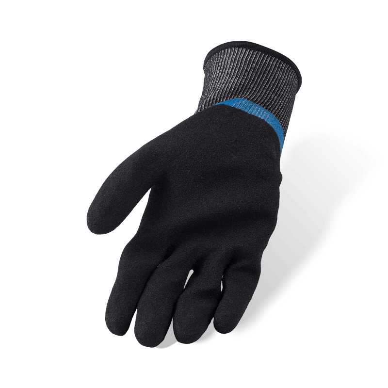 Schnittfeste Handschuhe der Stärke 18 ANSI A6 — Blaues Nitril, glatt, 3/4-Tauchgang, mit schwarzer Sandpalmen-Überzug Schnittfeste Handschuhe der Stärke 18 ANSI A6 — Blaues Nitril, glatt, 3/4-Tauchgang, mit schwarzer Sandpalmen-Überzug