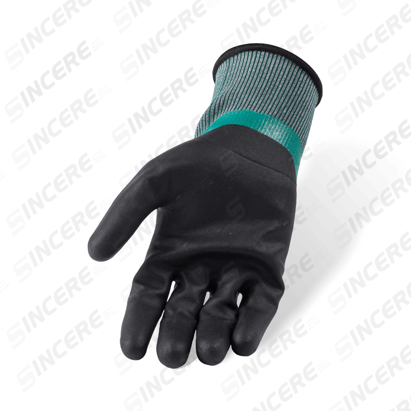 Schnittfeste Handschuhe der Stärke 21 ANSI A4 — Vollnitril-Tauchglätte mit schwarzer Sanddaumenverstärkung, wasserdicht