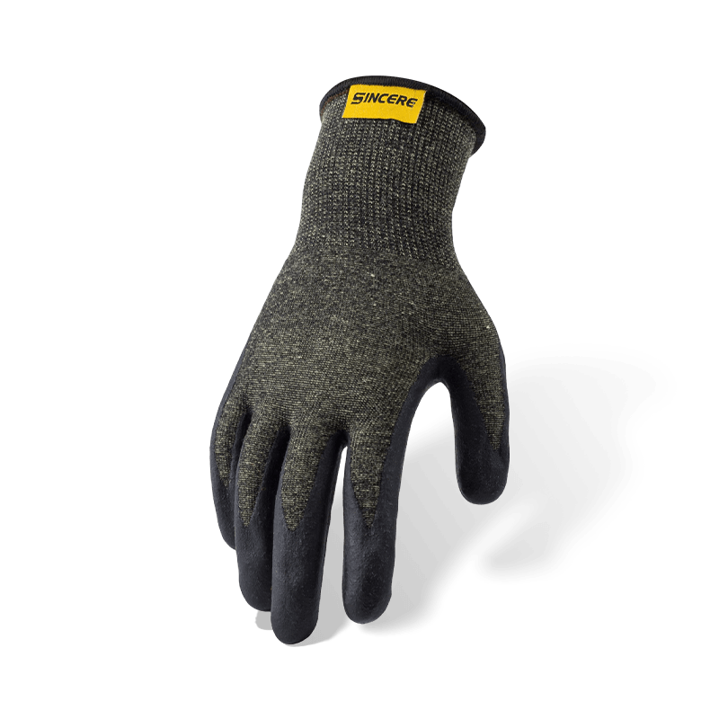 Schnittfeste Handschuhe Aramid ANSI A4 im Kaliber 13 mit schwarzer Neoprenhandfläche — Hitze- und Lichtbogenbeständigkeit Schnittfeste Handschuhe Aramid ANSI A4 im Kaliber 13 mit schwarzer Neoprenhandfläche — Hitze- und Lichtbogenbeständigkeit