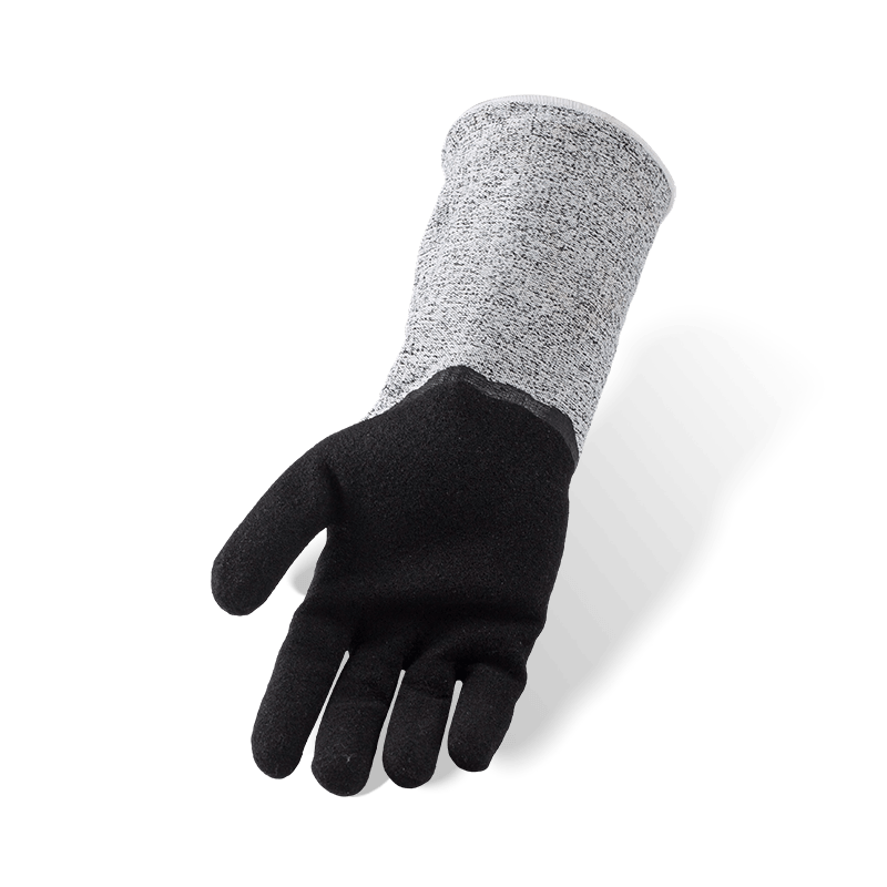 Schnittfeste Handschuhe der Stärke 13 ANSI A6 mit verlängerter Manschette und schwarzer Nitril-Sandpalme Schnittfeste Handschuhe der Stärke 13 ANSI A6 mit verlängerter Manschette und schwarzer Nitril-Sandpalme