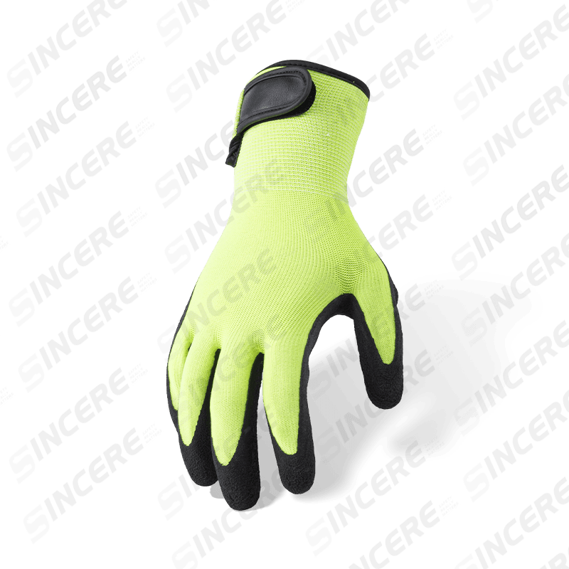 13 Gauge Polyester Nitril Sandy Palm Arbeitshandschuhe mit verstellbarem Klettverschluss am Handgelenk