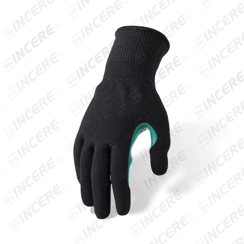 Schnittfeste Handschuhe der Stärke 13 ANSI A8 mit schwarzer Nitril-Sandhandfläche und blau verstärktem Daumen-Schritt Schnittfeste Handschuhe der Stärke 13 ANSI A8 mit schwarzer Nitril-Sandhandfläche und blau verstärktem Daumen-Schritt