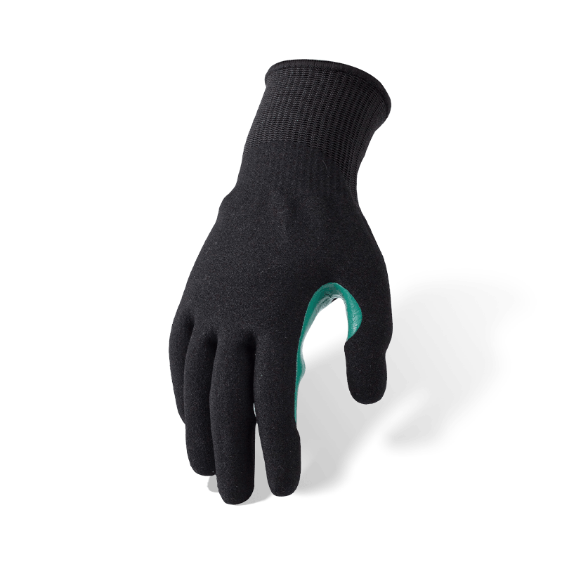 Schnittfeste Handschuhe der Stärke 13 ANSI A8 mit schwarzer Nitril-Sandhandfläche und blau verstärktem Daumen-Schritt
