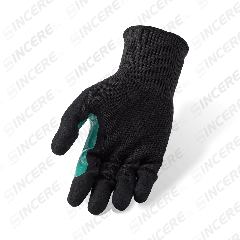 Schnittfeste Handschuhe der Stärke 13 ANSI A8 mit schwarzer Nitril-Sandhandfläche und blau verstärktem Daumen-Schritt Schnittfeste Handschuhe der Stärke 13 ANSI A8 mit schwarzer Nitril-Sandhandfläche und blau verstärktem Daumen-Schritt