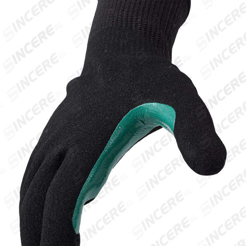Schnittfeste Handschuhe der Stärke 13 ANSI A8 mit schwarzer Nitril-Sandhandfläche und blau verstärktem Daumen-Schritt Schnittfeste Handschuhe der Stärke 13 ANSI A8 mit schwarzer Nitril-Sandhandfläche und blau verstärktem Daumen-Schritt