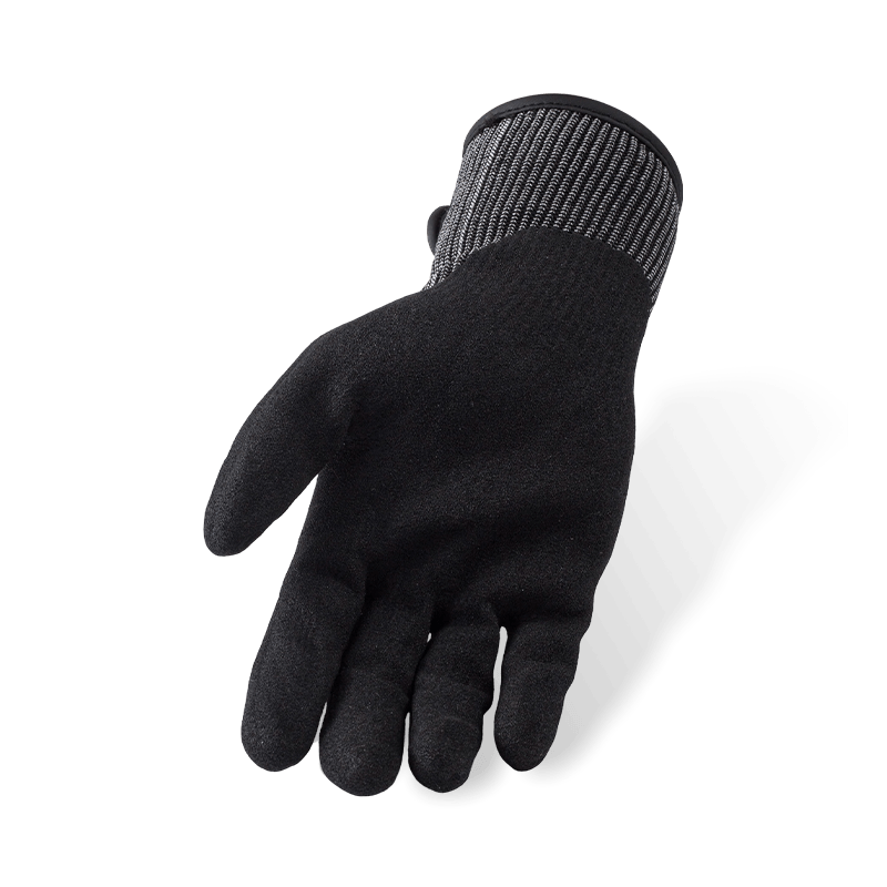 Schnittfeste Handschuhe der Stärke 13 ANSI A5 mit schwarzer Nitril-Sandhandfläche und verstellbarem Klettverschluss am Handgelenk Schnittfeste Handschuhe der Stärke 13 ANSI A5 mit schwarzer Nitril-Sandhandfläche und verstellbarem Klettverschluss am Handgelenk