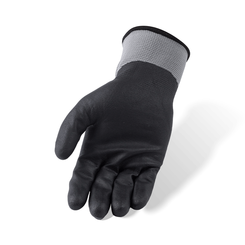 Vollständig beschichtete schwarze Nitril-Mikroschaumhandschuhe aus Polyester der Stärke 15 — wasserdicht und ölbeständig Vollständig beschichtete schwarze Nitril-Mikroschaumhandschuhe aus Polyester der Stärke 15 — wasserdicht und ölbeständig