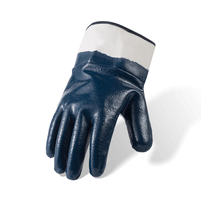 7 Gauge Baumwollfleece gefütterte, vollständig beschichtete Arbeitshandschuhe aus blauem Nitril — glatt, wasserdicht, öl- und chemikalienbeständig