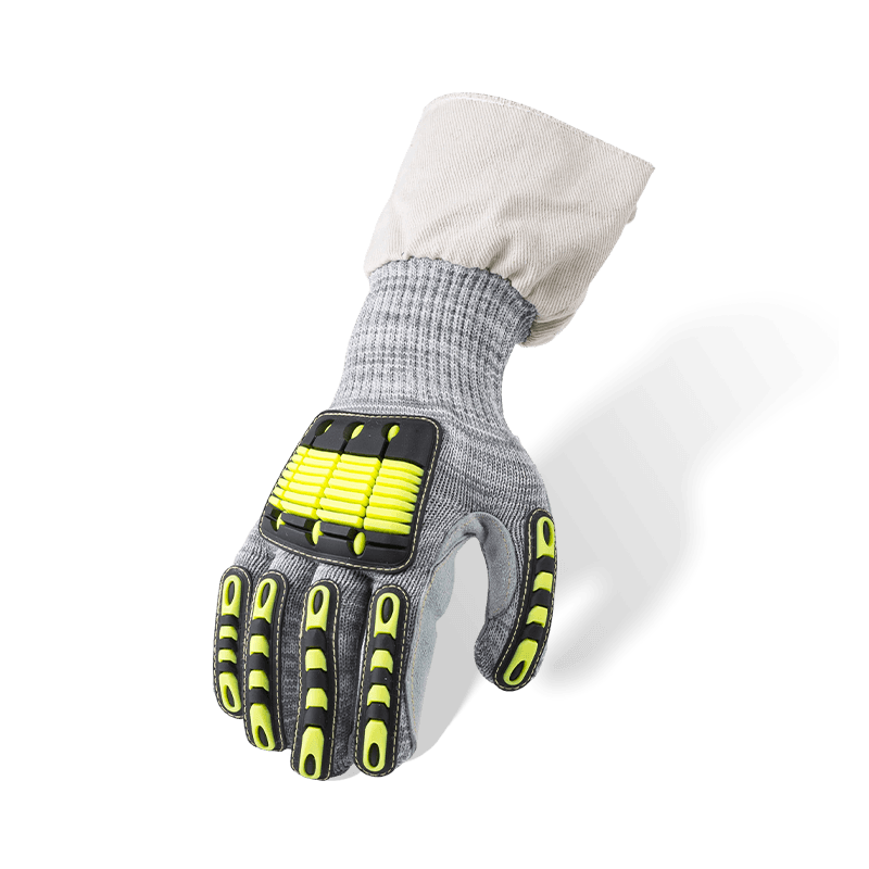 Schnittfeste Handschuhe der Stärke 13 ANSI A5 mit Handfläche aus Vollnarbenleder, TPR-Handrücken und Canvas-Manschette — Hochleistungs-Mechanik Schnittfeste Handschuhe der Stärke 13 ANSI A5 mit Handfläche aus Vollnarbenleder, TPR-Handrücken und Canvas-Manschette — Hochleistungs-Mechanik