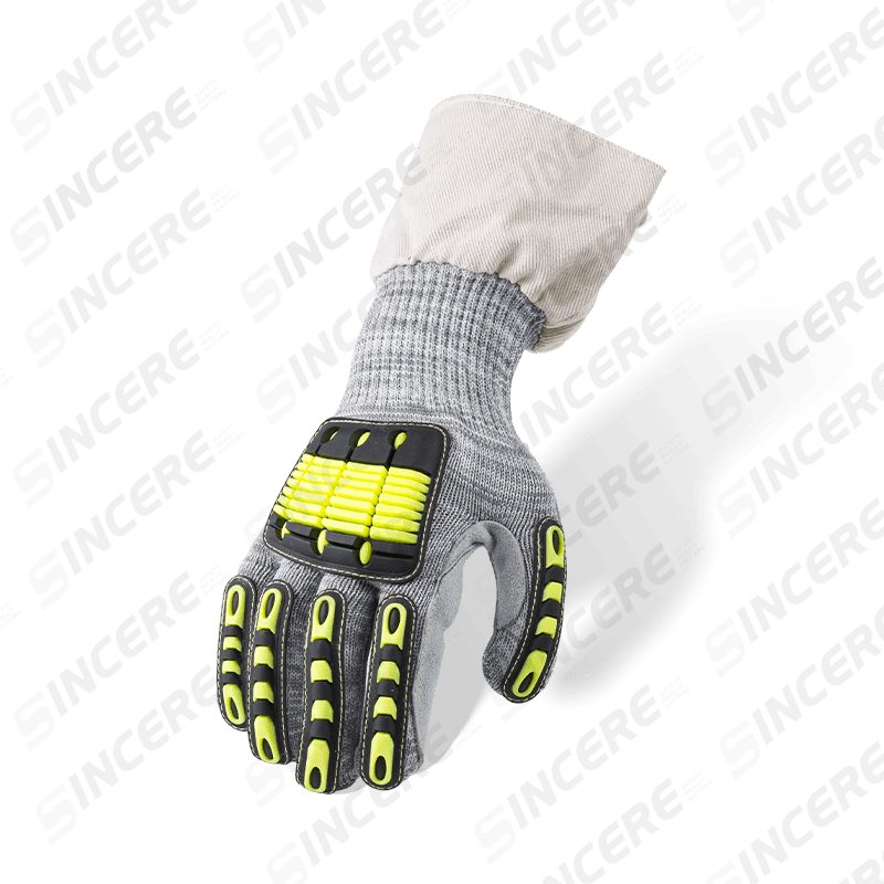 Schnittfeste Handschuhe der Stärke 13 ANSI A5 mit Handfläche aus Vollnarbenleder, TPR-Handrücken und Canvas-Manschette — Hochleistungs-Mechanik