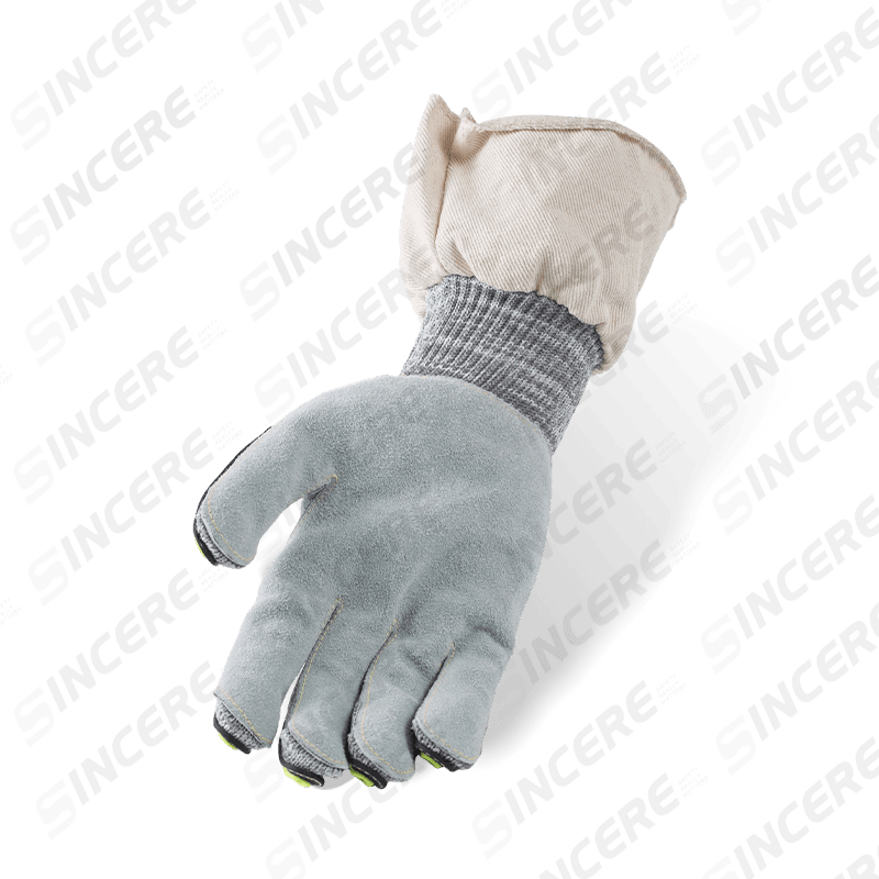Schnittfeste Handschuhe der Stärke 13 ANSI A5 mit Handfläche aus Vollnarbenleder, TPR-Handrücken und Canvas-Manschette — Hochleistungs-Mechanik Schnittfeste Handschuhe der Stärke 13 ANSI A5 mit Handfläche aus Vollnarbenleder, TPR-Handrücken und Canvas-Manschette — Hochleistungs-Mechanik