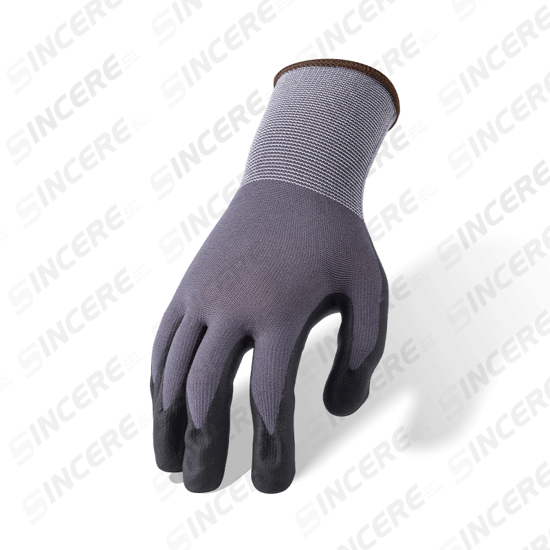 15 Gauge Nylon-Spandex-Handschuhe mit schwarzer Nitril-Mikroschaum-Handfläche und grauem unregelmäßigem Nitril-Punktgriff