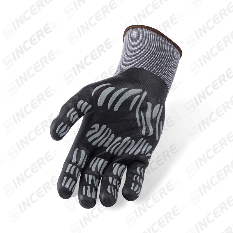 15 Gauge Nylon-Spandex-Handschuhe mit schwarzer Nitril-Mikroschaum-Handfläche und grauem unregelmäßigem Nitril-Punktgriff