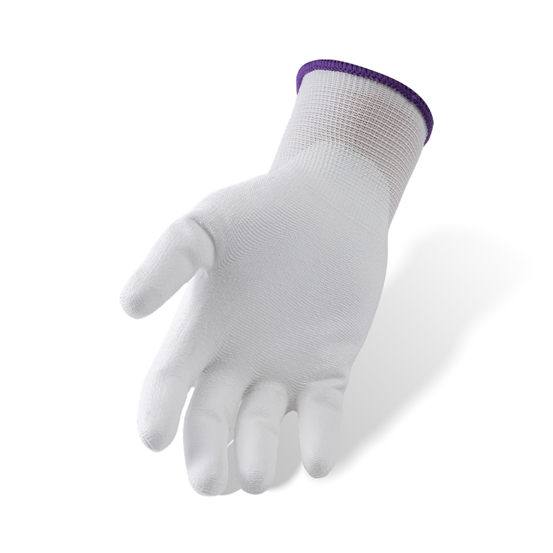 Weiße Nylonhandschuhe der Stärke 13 mit weißer PU-Handflächenbeschichtung — Präzisionshandschuhe für die Arbeit im Reinraum