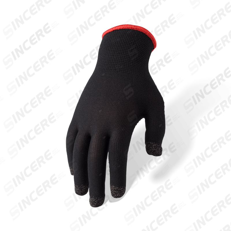 Schwarze Nylonhandschuhe der Stärke 13 mit Touchscreen-Fingerspitzen aus Kohlefaser und gepunkteter Handfläche aus PVC — Touchscreen-kompatibel