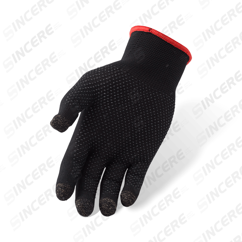 Schwarze Nylonhandschuhe der Stärke 13 mit Touchscreen-Fingerspitzen aus Kohlefaser und gepunkteter Handfläche aus PVC — Touchscreen-kompatibel