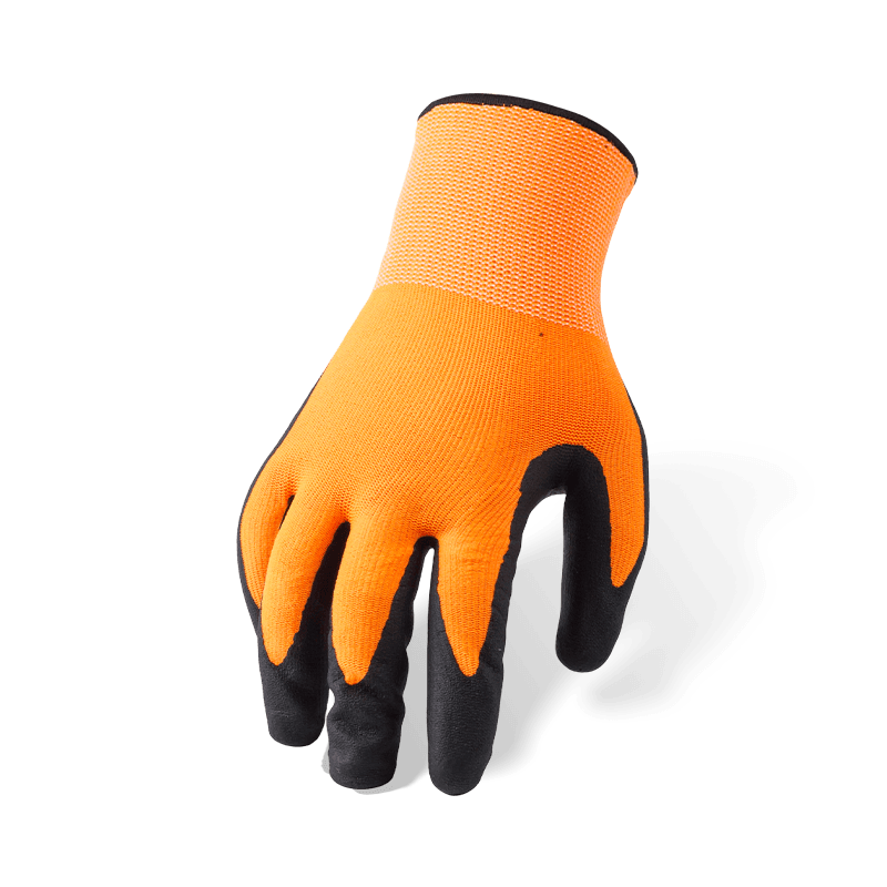 Orange Nylon-Spandex-Handschuhe der Stärke 15 mit schwarzer Nitril-Mikroschaum-Handfläche — gut sichtbare Präzisions-Arbeitshandschuhe
