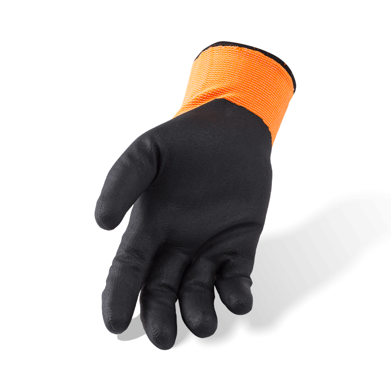 Orange Nylon-Spandex-Handschuhe der Stärke 15 mit schwarzer Nitril-Mikroschaum-Handfläche — gut sichtbare Präzisions-Arbeitshandschuhe
