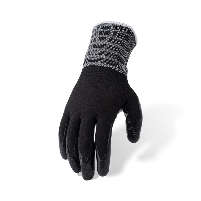 Schwarze Nylonhandschuhe der Stärke 13 mit glatter schwarzer Nitril-Handflächenbeschichtung — ölbeständige Allzweck-Arbeitshandschuhe