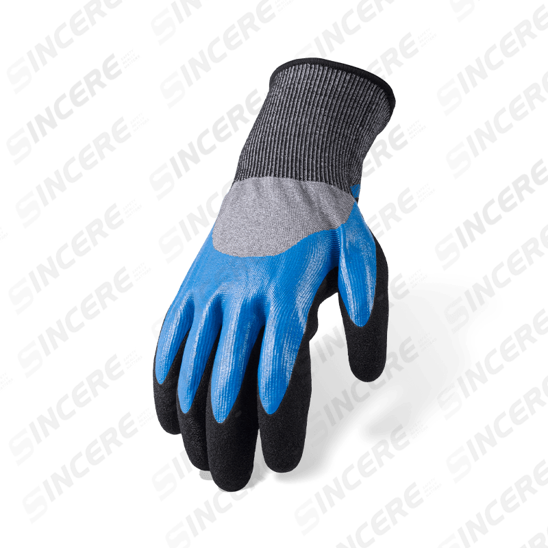 Schnittfeste Handschuhe der Stärke 18 ANSI A5 — Blaues Nitril, glatt, 3/4-Tauchgang, mit schwarzer Sandpalmen-Überzug