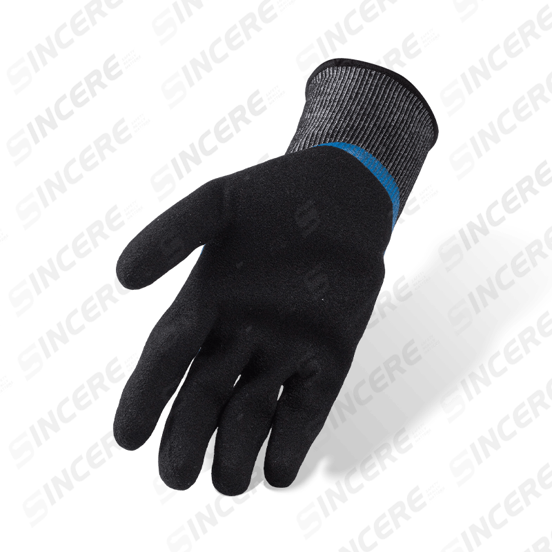 Schnittfeste Handschuhe der Stärke 18 ANSI A5 — Blaues Nitril, glatt, 3/4-Tauchgang, mit schwarzer Sandpalmen-Überzug Schnittfeste Handschuhe der Stärke 18 ANSI A5 — Blaues Nitril, glatt, 3/4-Tauchgang, mit schwarzer Sandpalmen-Überzug