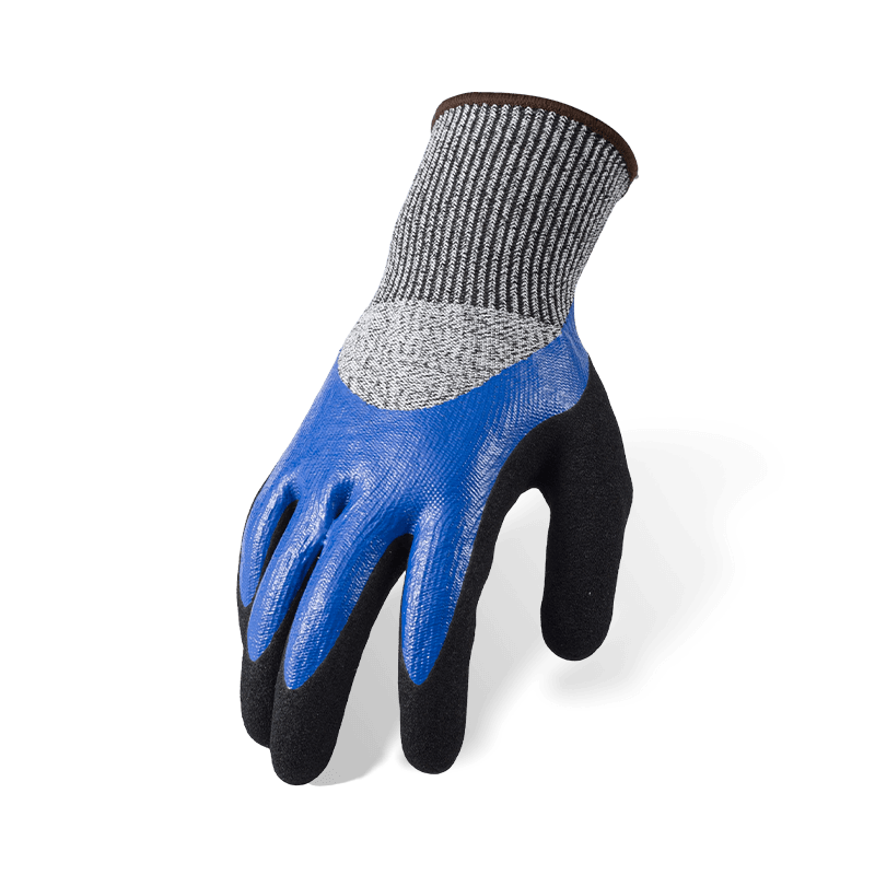Schnittfeste Handschuhe der Stärke 13 ANSI A4 — Blaues Nitril, glatt, 3/4-Tauchgang, mit schwarzer Sandpalme und Volldaumenverstärkung