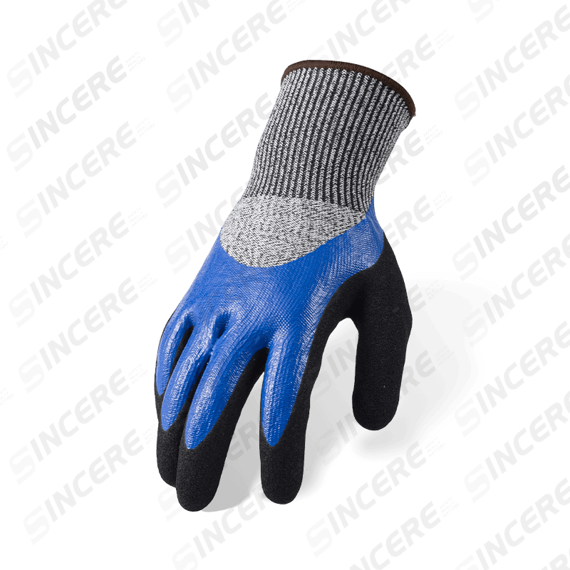 Schnittfeste Handschuhe der Stärke 13 ANSI A4 — Blaues Nitril, glatt, 3/4-Tauchgang, mit schwarzer Sandpalme und Volldaumenverstärkung