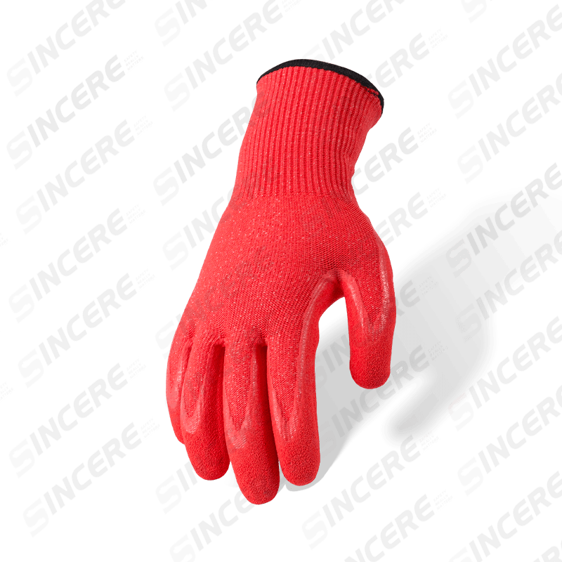 Schnittfeste Handschuhe der Stärke 13 ANSI A3 mit roter Nitril-Sandpalmenbeschichtung — mittlerer Schnittschutz