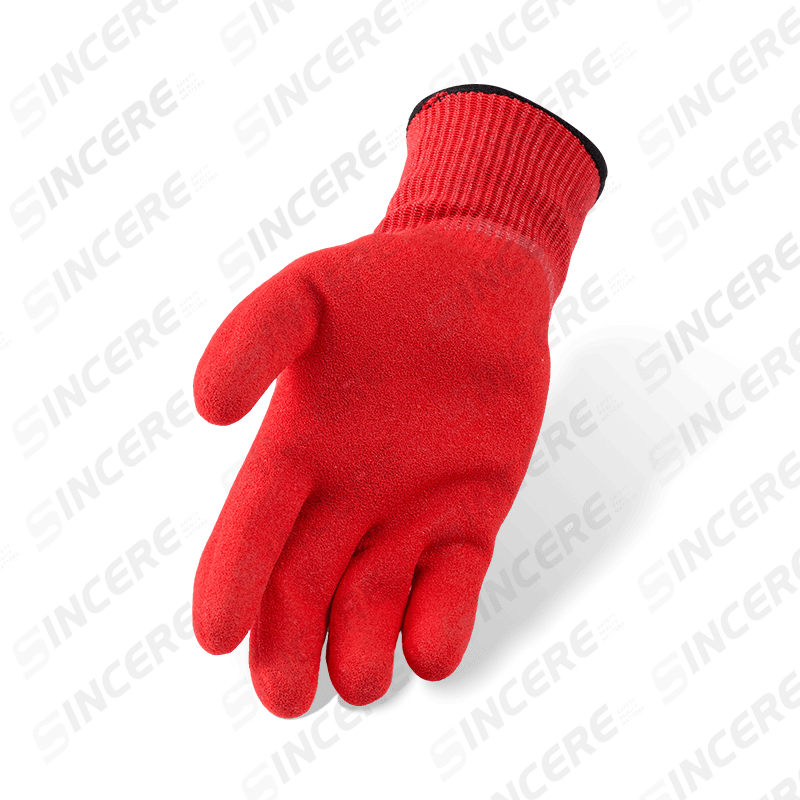 Schnittfeste Handschuhe der Stärke 13 ANSI A3 mit roter Nitril-Sandpalmenbeschichtung — mittlerer Schnittschutz