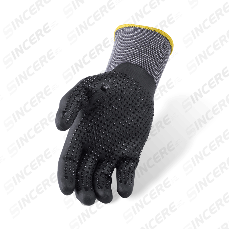 15 Gauge Nylon-Spandex-Handschuhe mit schwarzer Nitril-Mikroschaum-Handfläche und Nitril-gepunktetem Anti-Rutsch-Griff