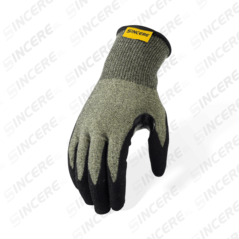 Schnittfeste Aramid ANSI A6-Handschuhe der Stärke 15 mit schwarzer Nitril-Sandhandfläche und verstärktem Daumen-Schritt