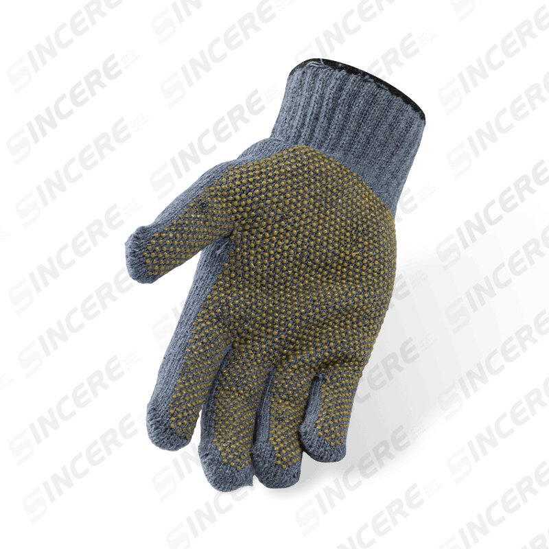 Graue Polyester-Strickhandschuhe der Stärke 10 mit gepunkteter PVC-Handfläche — Sparsame Allzweck-Griffhandschuhe