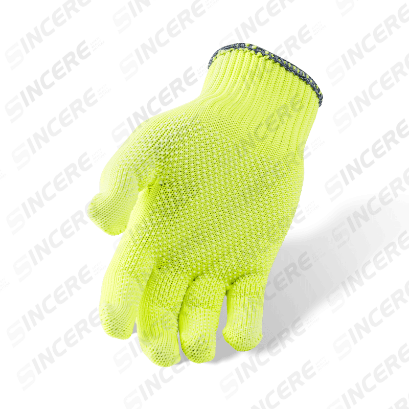 10 Gauge Hi-Vis Fluoreszierende gelbe Polyesterhandschuhe mit PVC-gepunkteter Handfläche — Hochsichtbare Allzweck-Griffhandschuhe