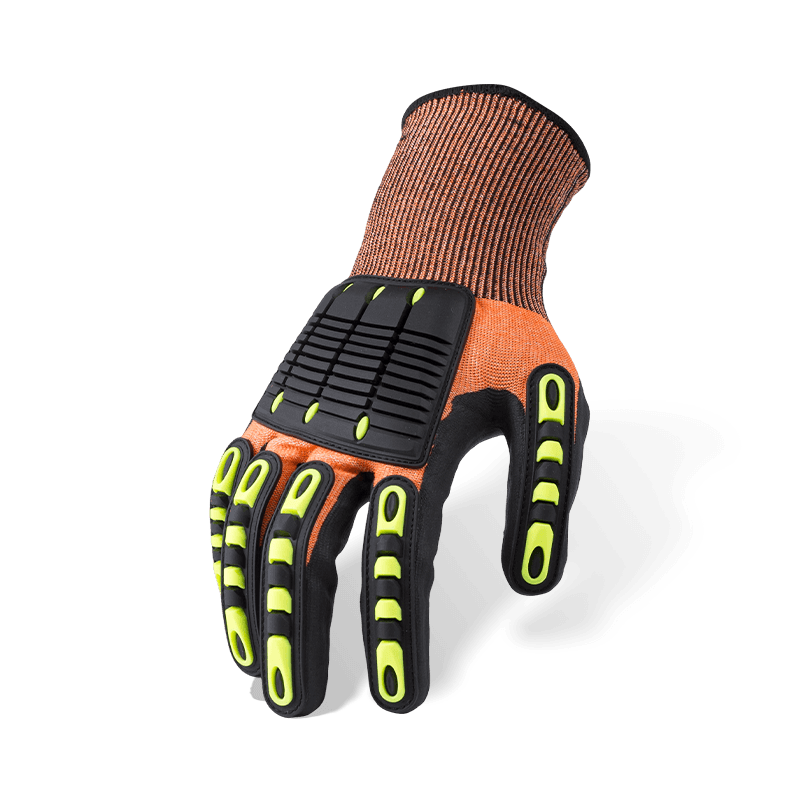 15 Gauge Orange ANSI A5 Schnittfeste Handschuhe mit schwarzer Nitril-Mikroschaum-Handfläche und TPR-Aufprallschutz auf dem Handrücken