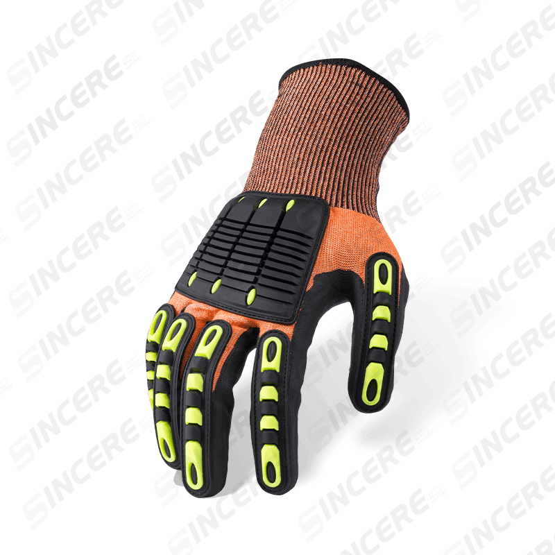 15 Gauge Orange ANSI A5 Schnittfeste Handschuhe mit schwarzer Nitril-Mikroschaum-Handfläche und TPR-Aufprallschutz auf dem Handrücken