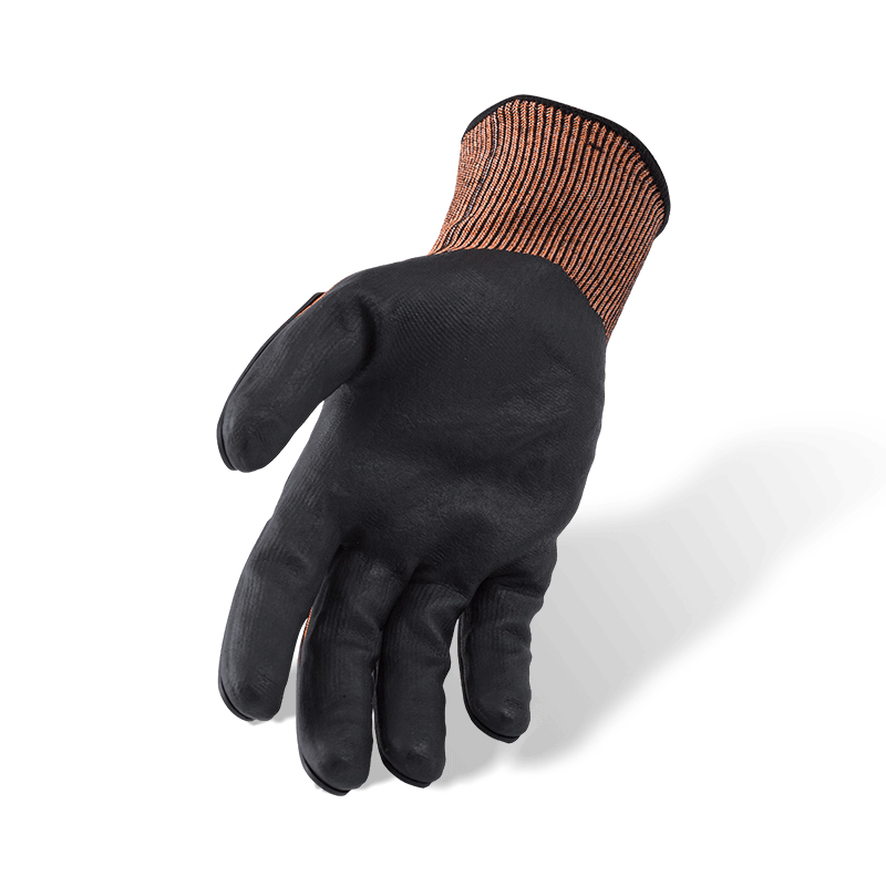 15 Gauge Orange ANSI A5 Schnittfeste Handschuhe mit schwarzer Nitril-Mikroschaum-Handfläche und TPR-Aufprallschutz auf dem Handrücken