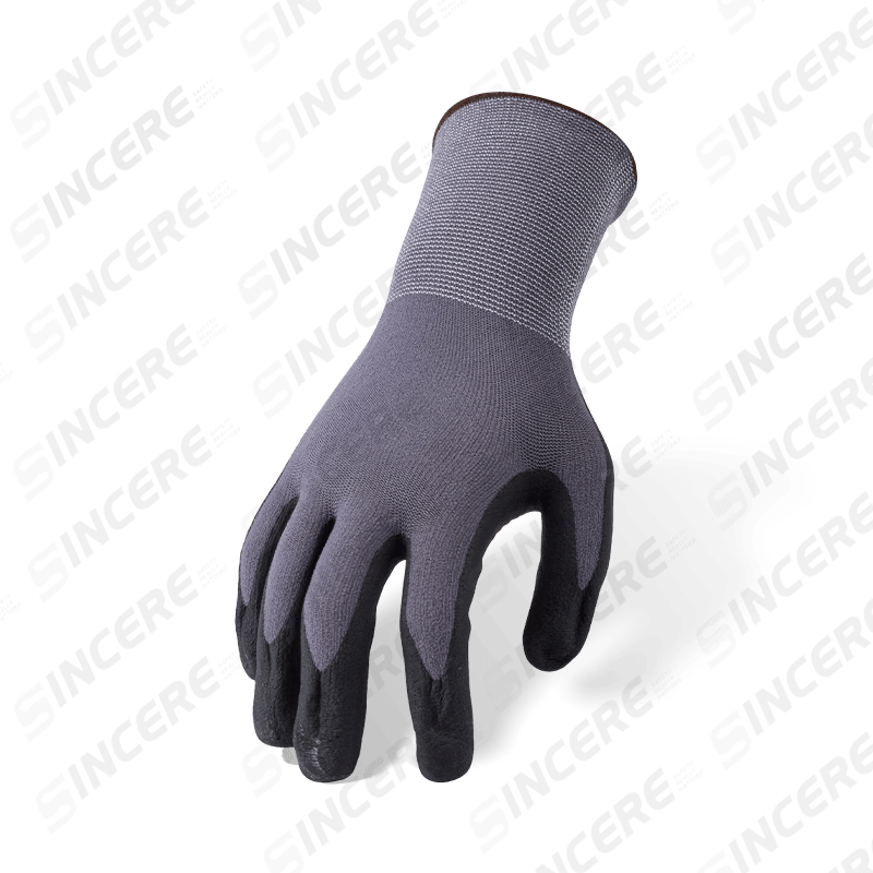 15 Gauge Nylon Spandex Handschuhe mit schwarzer Nitril-Mikroschaum-Palme und orangefarbenem PVC-gepunktetem Anti-Rutsch-Griff