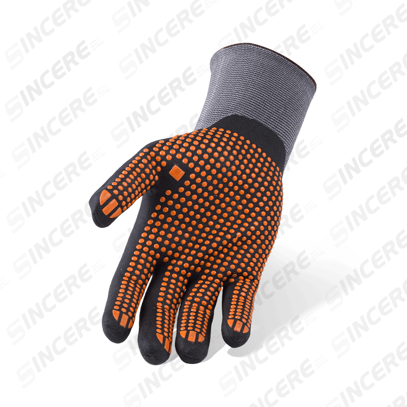 15 Gauge Nylon Spandex Handschuhe mit schwarzer Nitril-Mikroschaum-Palme und orangefarbenem PVC-gepunktetem Anti-Rutsch-Griff