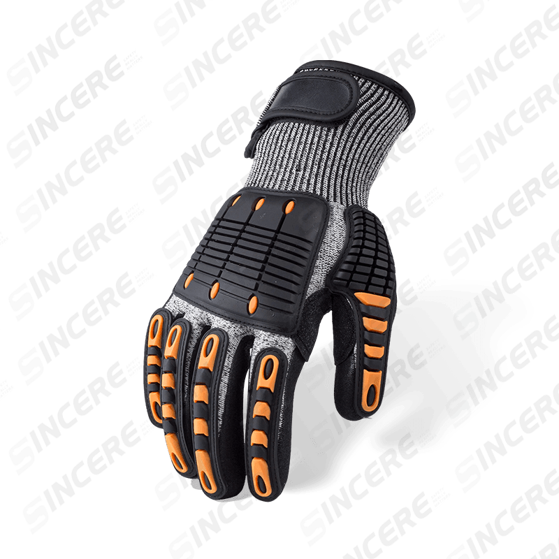 Schnittfeste Handschuhe der Stärke 13 ANSI A6 mit schwarzer Nitril-Sandhandfläche, TPR-Aufprallschutz und verstellbarem Handgelenkverschluss — Hochleistungsmechanisch
