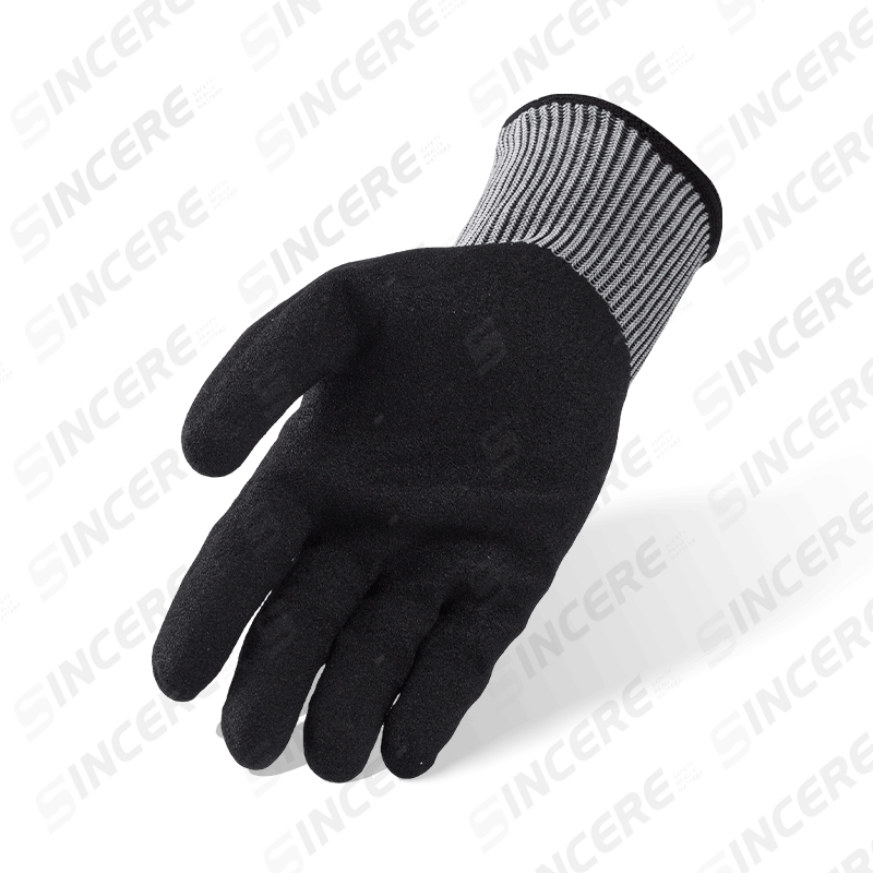 Schnittfeste Handschuhe der Stärke 15 ANSI A6 mit schwarzer Nitril-Sandpalme — Feinspuriger, starker Schnittschutz Schnittfeste Handschuhe der Stärke 15 ANSI A6 mit schwarzer Nitril-Sandpalme — Feinspuriger, starker Schnittschutz