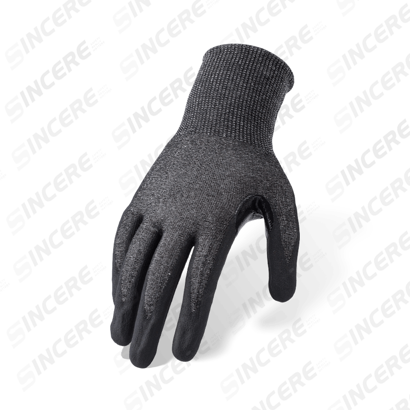 Schnittfeste Handschuhe der Stärke 18 ANSI A6 mit schwarzer Handfläche aus Nitril-Mikroschaum und verstärktem Daumen-Schritt — feiner, starker Schnittschutz Schnittfeste Handschuhe der Stärke 18 ANSI A6 mit schwarzer Handfläche aus Nitril-Mikroschaum und verstärktem Daumen-Schritt — feiner, starker Schnittschutz